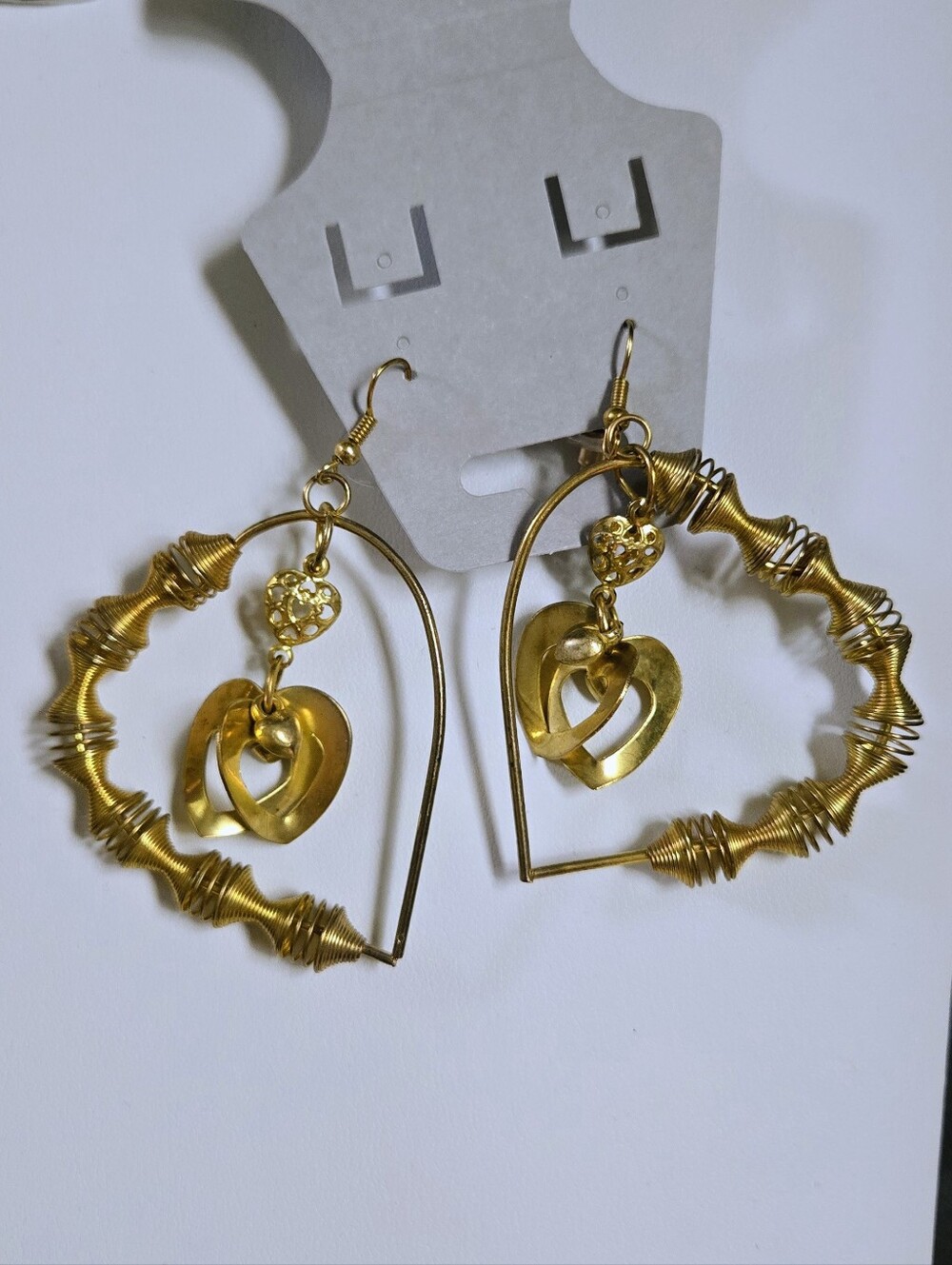 Gold Heart Wire Hoop Earrings with Heart Dangles